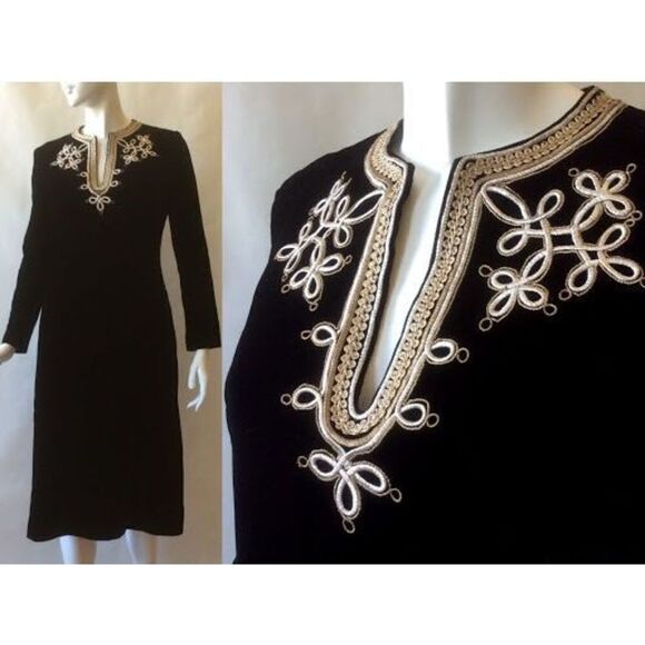 Abe Schrader Vintage Velvet Long Sleeve Tunic Dress Gold Embroidery Black Size 8 - Picture 1 of 16
